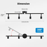Dimensions and swivel feature of a black ceiling light fixture on a white background